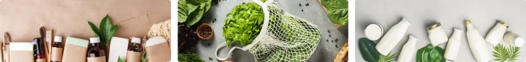 Sürdürülebilir kozmetik ambalajları, yeniden kullanılabilir aksesuarlar, organik market ürünleri ve çevre dostu yaşam tarzı ürünlerinin doğal bir zeminde düzenlenmiş düz yerleşimi